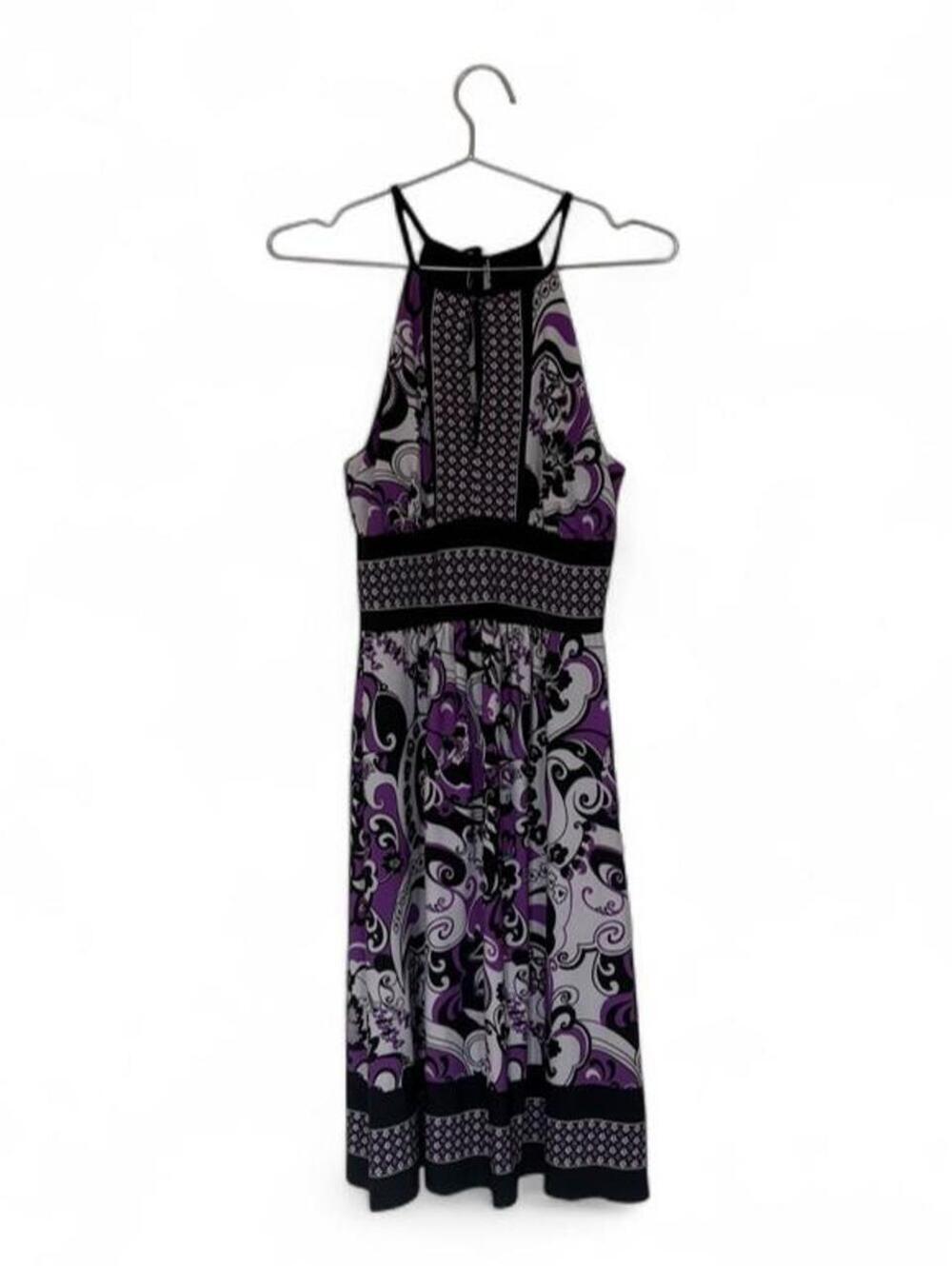 Roulette purple, black, and white paisley print midi dress